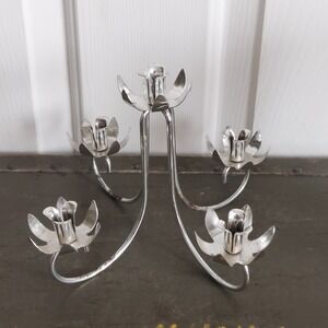 Vintage Silver Lotus Flower 5 Arm Candelabra Mid Century Metal Candle Holder